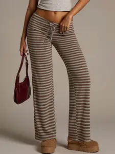 Women's Striped Low Rise Drawstring Flare Pants Slim Fit Full Length Casual Trousers 2026 Summer Streetwear Daily Trendy Bottoms Stylish Viral TikTok Fashion Essential for Going Out & Loungewear