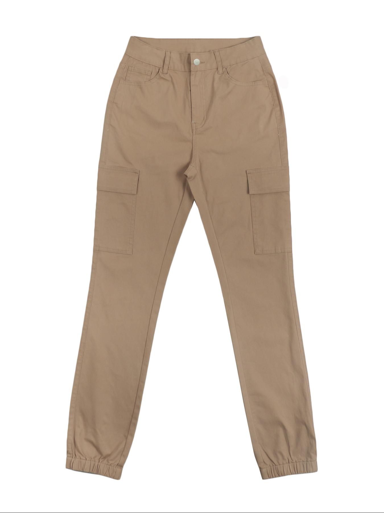 GILIPUR Y2K Khaki Textured Work Pants With Multiple Pockets, Slim-Fit, Basic, For Summer And Autumn, Casual, All Sizes, Ladies, Shop Now