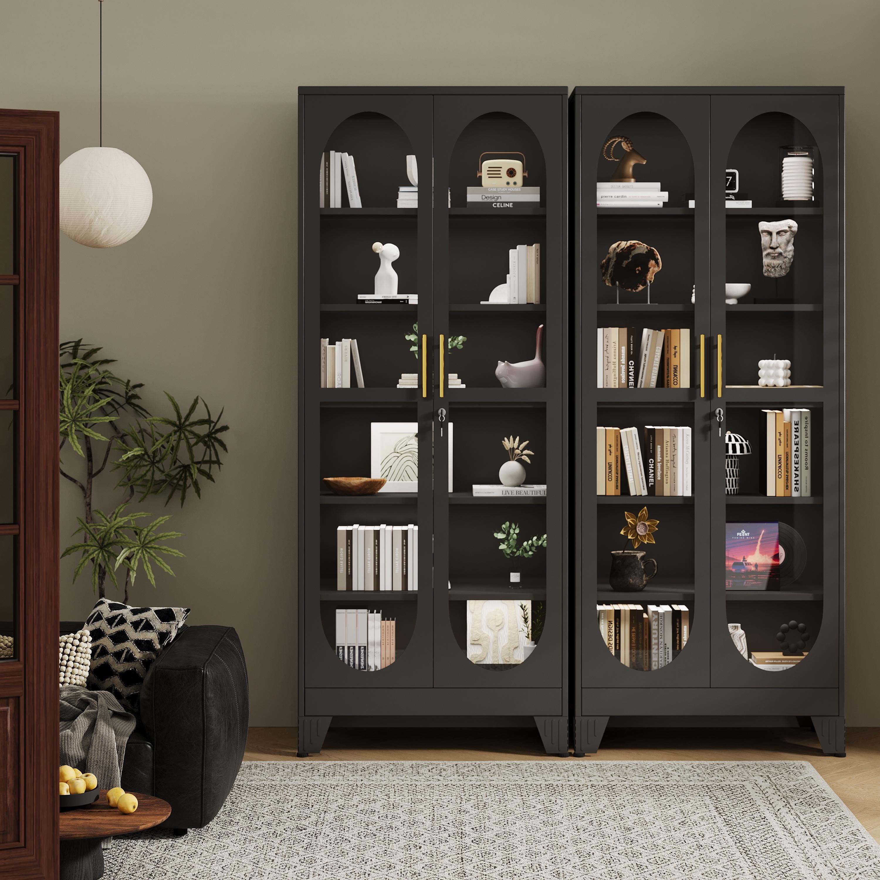 61"  71"  75" Tall Display Cabinet with Glass Door, 5 Tier Metal Curio Cabinet with 4 Adjustable Shelves, Locking Glass Display Case for Collectibles, Showcase Storage Cabinets for Showroom Clinic, White