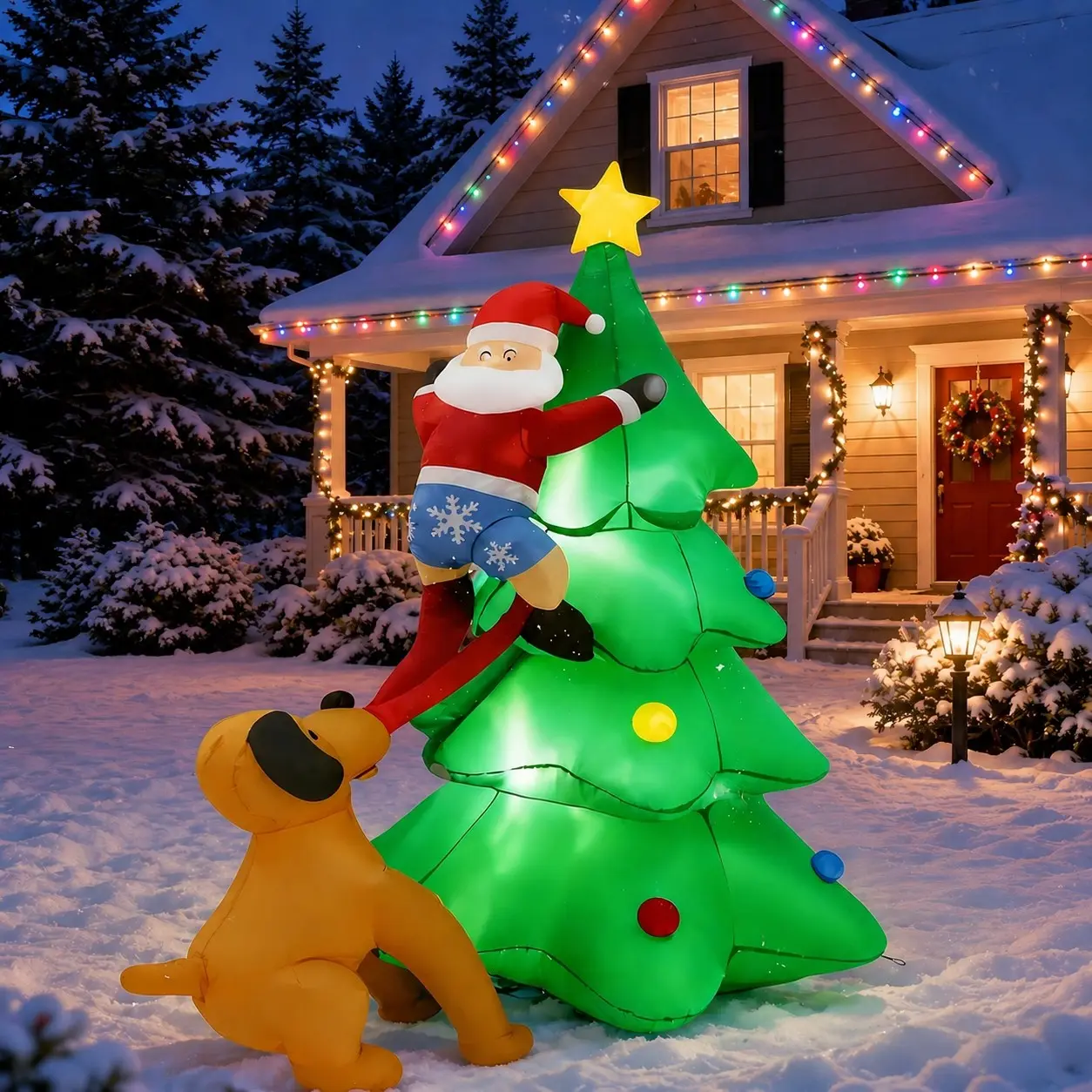 Inflatable Christmas Tree, Inflatable Santa Claus Climbing Tree Chased by Puppy Dog w/Waterproof Fabric and LED Lights, Inflatable Christmas Decoration for Home, Yard, Garden