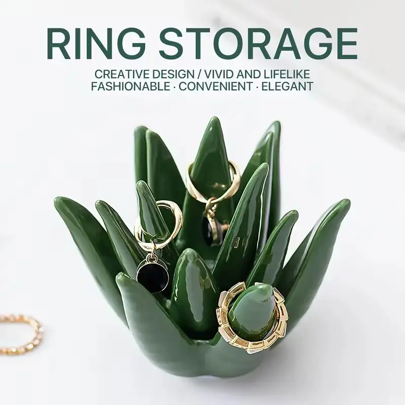 Cactus & Aloe Ring Holder Tray, Ceramic Jewelry Storage Organizer Display Stand. Ideal for home or desk decor, a lovely gift for women, friends and moms.