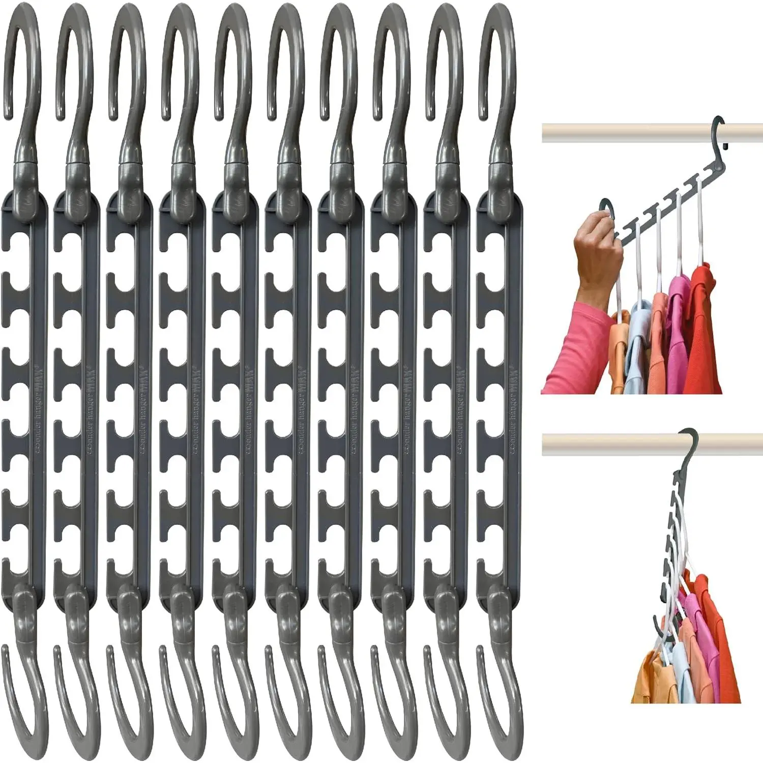 Space Saving Closet Hangers, 10-Pack, 360° Swivel, Grey| Cascading closet hangers organize shirts, pants and accessories vertically to save space; foldable 360° swivel design