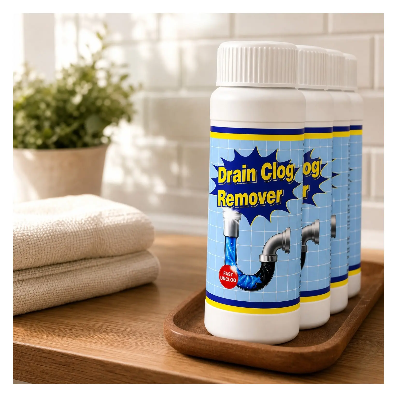 Drain Clog Remover Powder 4 Pack, Fast-Acting Foaming Sink & Drain Cleaner for Hair, Grease, Kitchen Sink, Toilet & Shower Clogs, Powerful Pipe Cleaning Solution, 480gGift