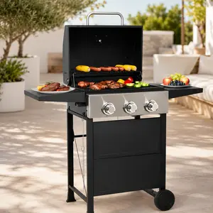 MASTER COOK 3 Burner BBQ Propane Gas Grill, Stainless Steel 30,000 BTU Patio Garden Barbecue Grill with Two Foldable Shelves