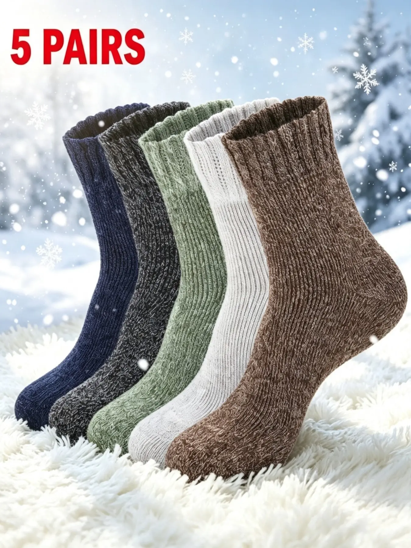 5 Pairs Men's Thick Warm Knit Crew Socks, Temperature Control Elastic Breathable Sports Socks, Ideal for Skiing Hiking Office, Gift for Friends Family