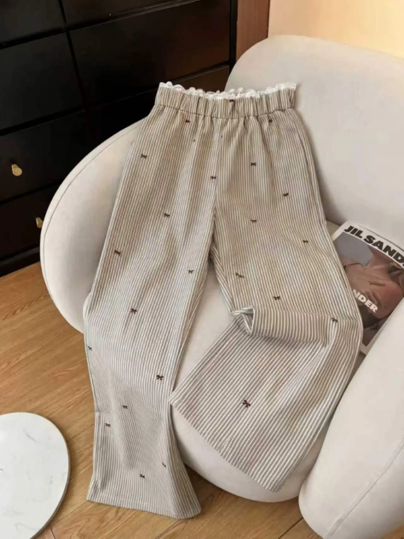 European and American Fashion Casual Everyday Women's Pants, Lazy Style, Bow Stripe Lace Waist, Butterfly, Loose Fit Straight Leg Wide Leg Baggy Pants, Comfortable and Stylish