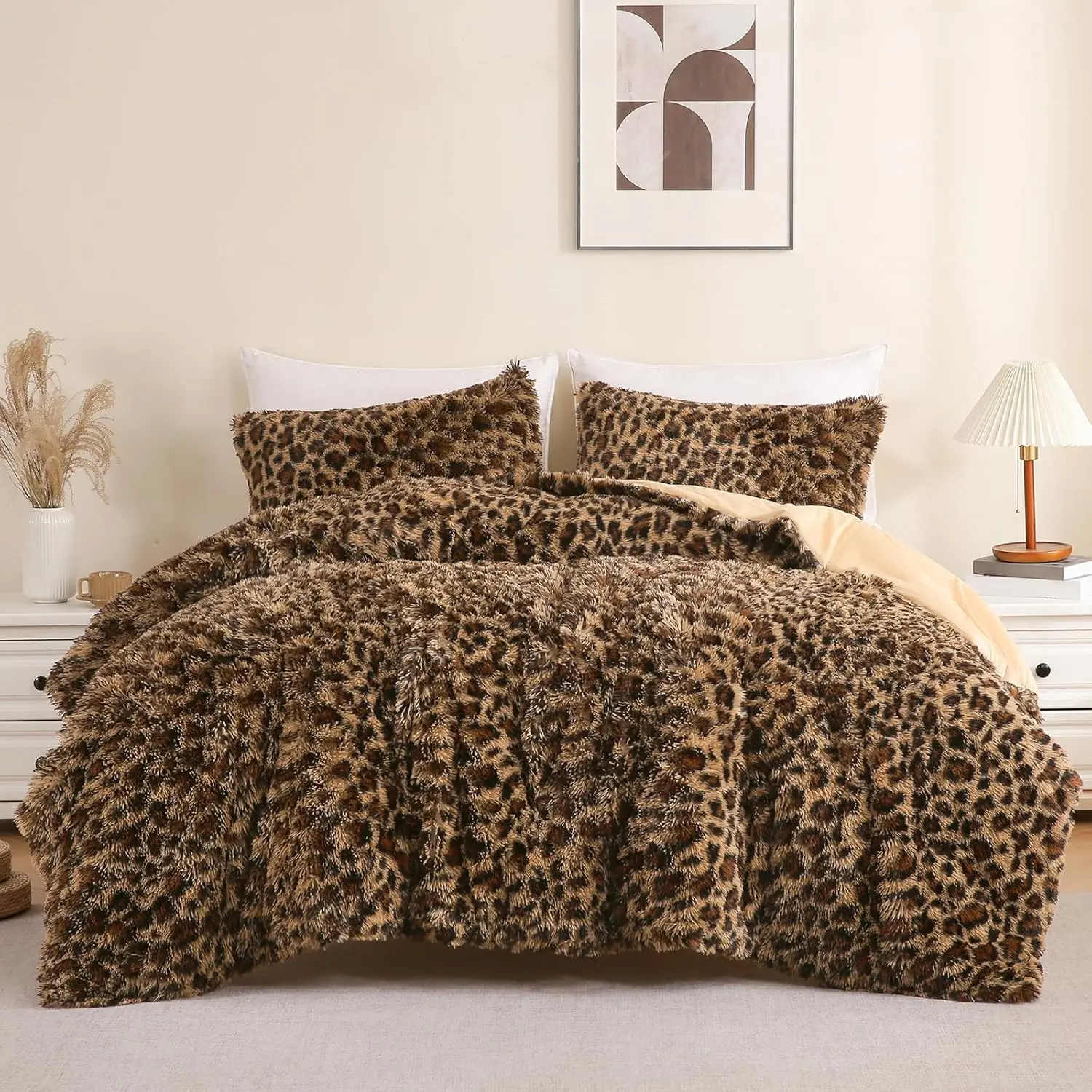 Print  Faux  Comforter Set  Size, 3 count Brown Leopard Plush Shaggy Fuzzy Bedding Set, Ultra Soft Luxury Furry Boho  Print   Comforter for Women Girls