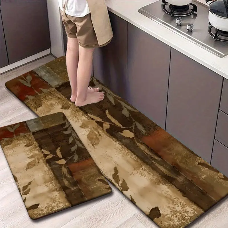 Kitchen Mat Set for floor 2/3 Piece, Retro Farmhouse Kitchen Rug with Decorative,Vintage Brown Toned Patchwork Ink Leaf Plant Non Slip Kitchen Rugs and Mats for Kitchen, Entryway, Bathroom, Laundry Room, Hallway
