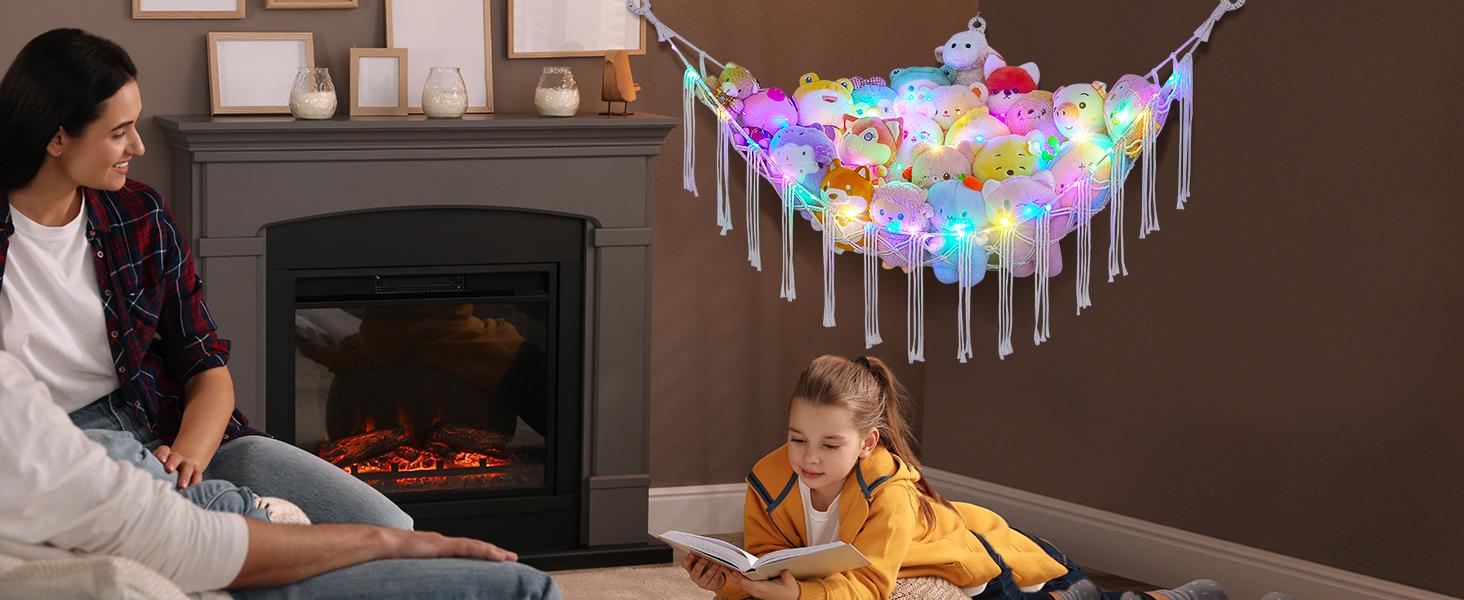 Stuffed Animals Net or Hammock with LED Light, Hanging Stuffed Animals Storage Toy Hammock Net Corner Wall Girls Room Decor Toy Storage Organizer, Purple,