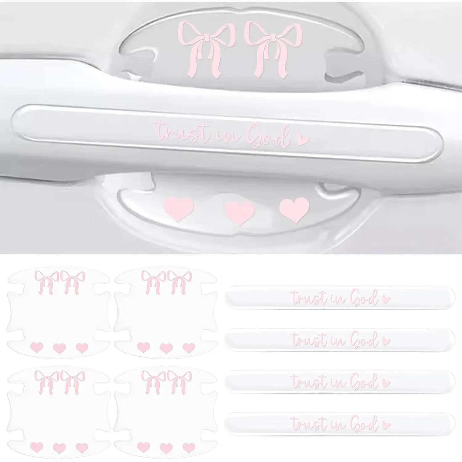 8PCS Pink Bow Trust in God Car Door Handle Bowl Stickers, Anti-Scratch Protective Film Universal Auto Accessories