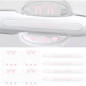 8PCS Pink Bow Trust in God Car Door Handle Bowl Stickers, Anti-Scratch Protective Film Universal Auto Accessories