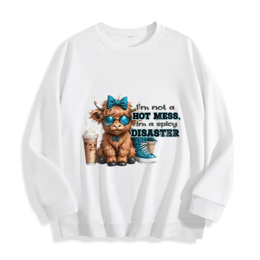 WAYII Women's Original Aesthetic Highland Cow Graphic Oversized Crewneck Sweatshirt - Polyester, Funny Sassy Quote, Loose Drop Shoulder, Chic Western Casual Farm Streetwear Top (Pairs with Sweatpants, Coffee Sneakers, Cow Print Styles)