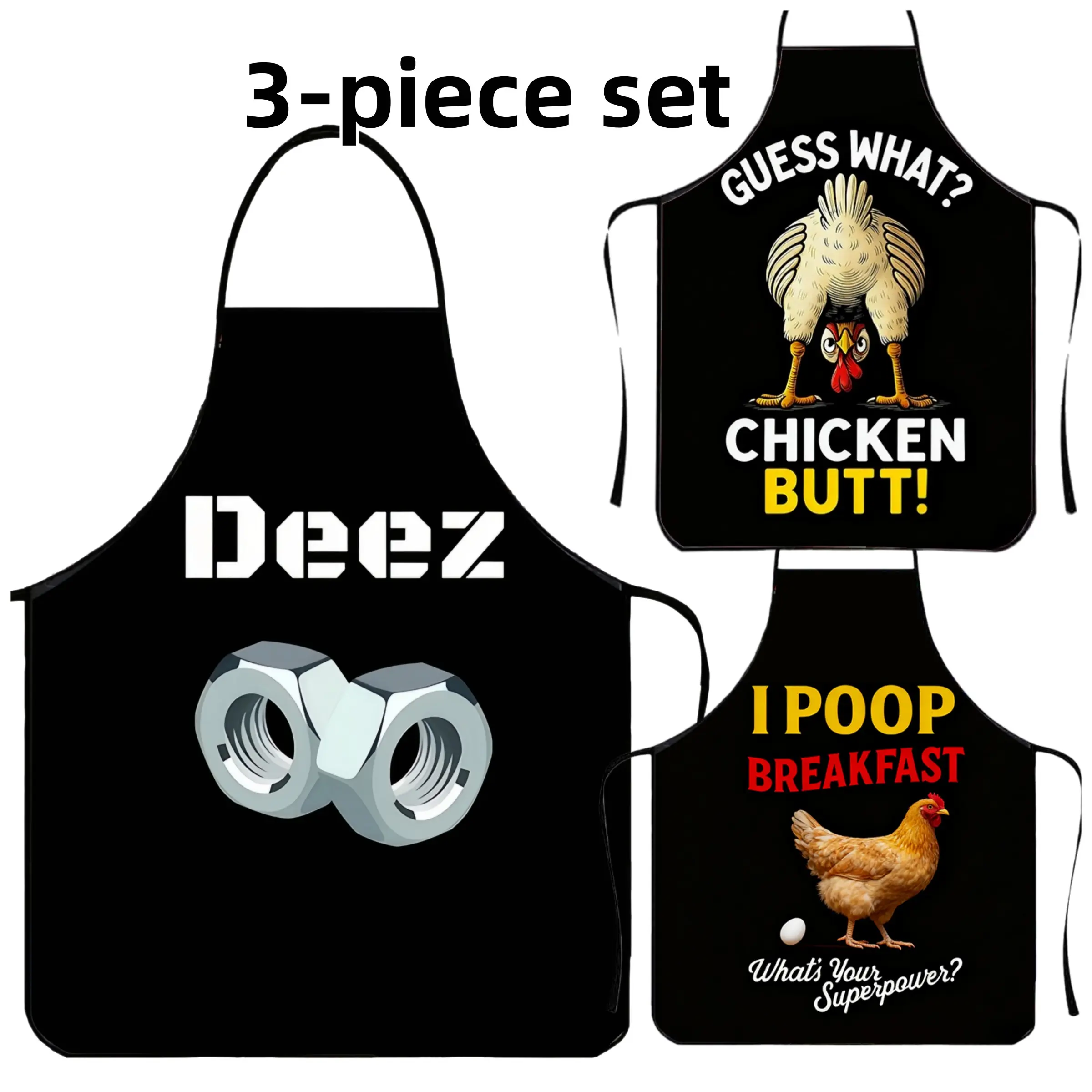 Polyester Funny DEEZ Print Apron Set, 3-piece set ﻿Christmas Gift Apron,Cooking Apron,BBQ Apron,Garden Tool,﻿Kitchen Essential,Cleaning Tool,Apron for Men&Women