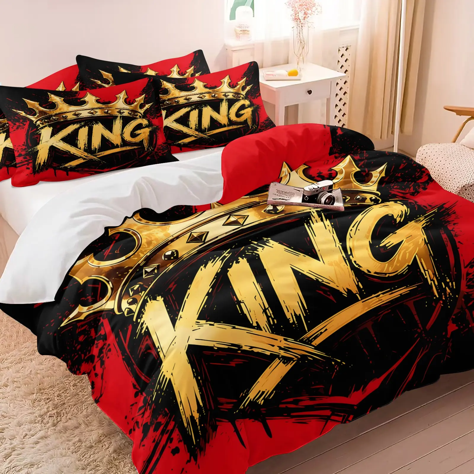 3PCS King Crown Red Black Graffiti Duvet Cover Set (1 Duvet Cover + 1-2 Pillowcases), HD Digital Print, Soft Cozy Skin-Friendly Breathable All Season Bedding, Decorative Bedding Set, Twin Full Queen Sizes for Street Trend Men Bedroom Decor