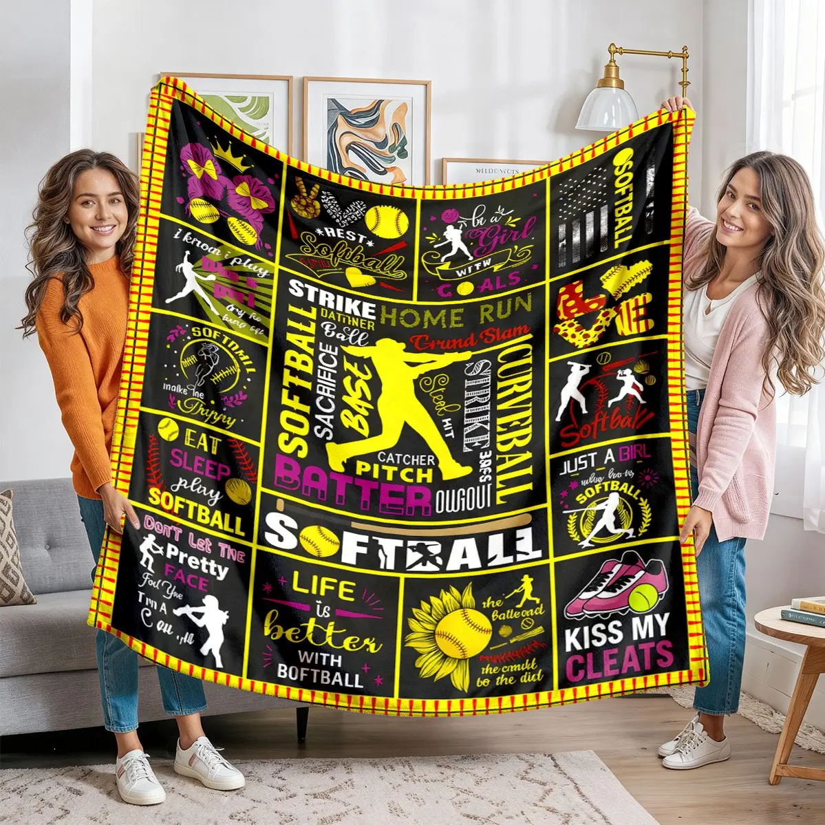 Softball Girl Themed Flannel Blanket, Full Print 'life Is Better with Softball' Slogan, Warm and Energizing Sports Decor