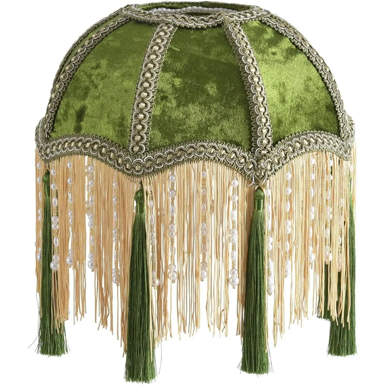 Lampshade with tassels, Premium Classic Victorian Style Bell Shape Scallop velvet top replacement lamp,9.8"Width 11.3"height(olive green)