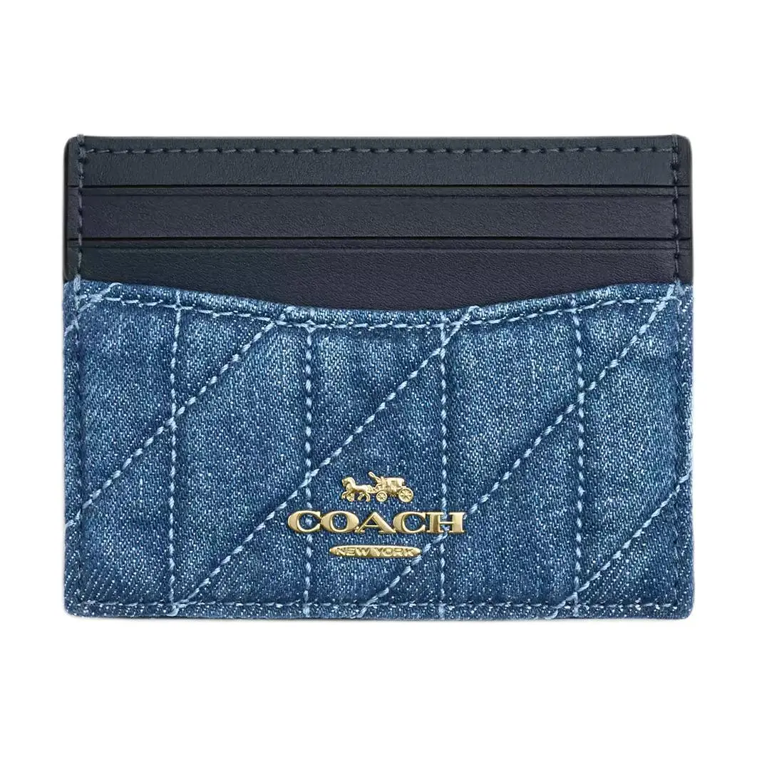COACH Card Case 10 – Ultra-Thin Quilted Classic Logo Denim and Smooth Leather Unisex Card Holder in Indigo