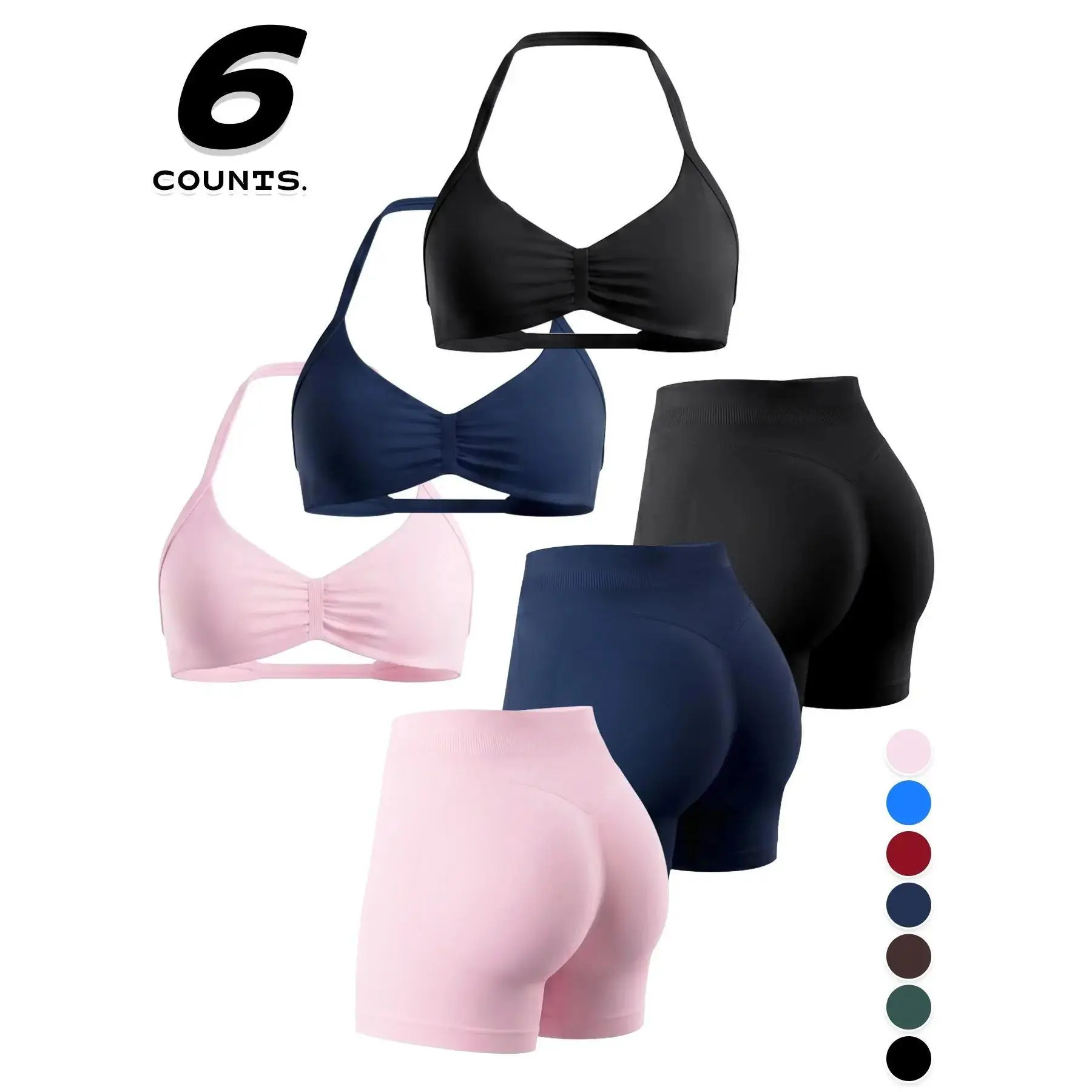Women's 6-Piece Stretchy Seamless Yoga Workout Sets, Soft Stretch Activewear - Halter Neck Backless Padded Sports Bra, High-Elastic Contrast Color Shorts, All-Seasons Gym Outfits for Females
