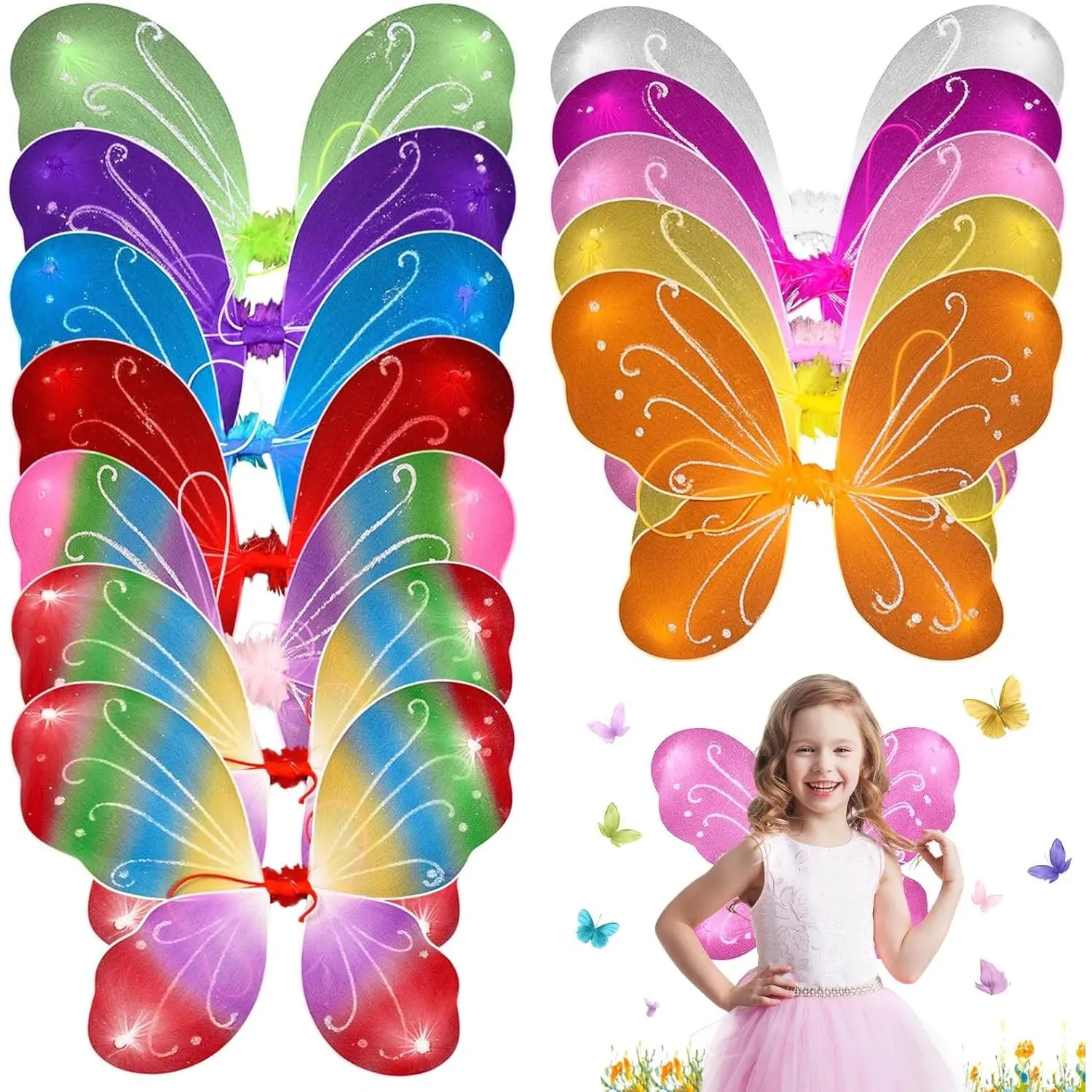 12Pcs Butterfly Fairy Wings, Sparkle Princess Wings Set with Elastic Straps & Shimmering Patterns, Birthday Party Favors