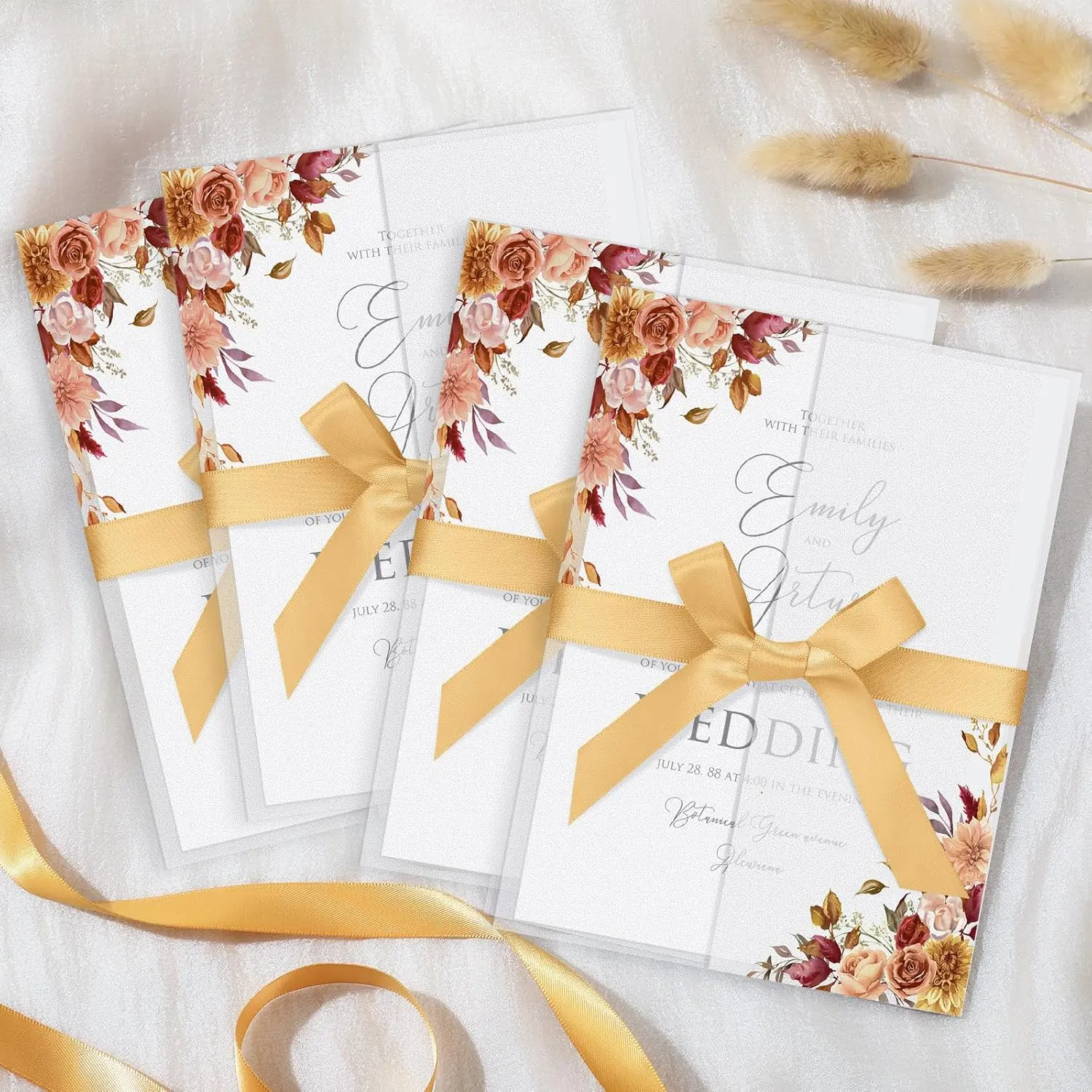 100 count Pre Folded Vellum Jackets for 5x7 Invitations with Ribbons Bulk Burnt Orange Fall  Vellum Paper 5x7, 130gsm Transparent Wedding Invitation Wraps for Cards Envelope Liners