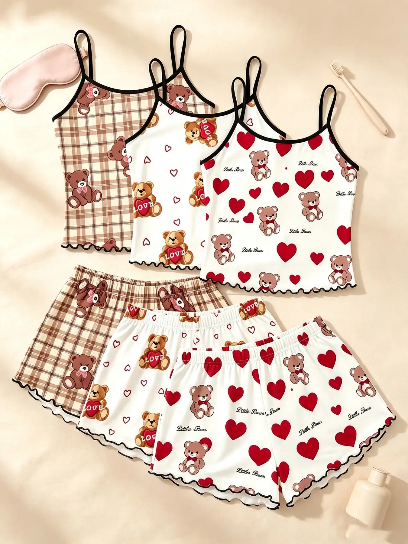 Wind Six-Piece Women's Sleepwear Set, Boho Style Sleeveless Pajamas, Soft High-Elastic Lightweight, Casual Daily Wear