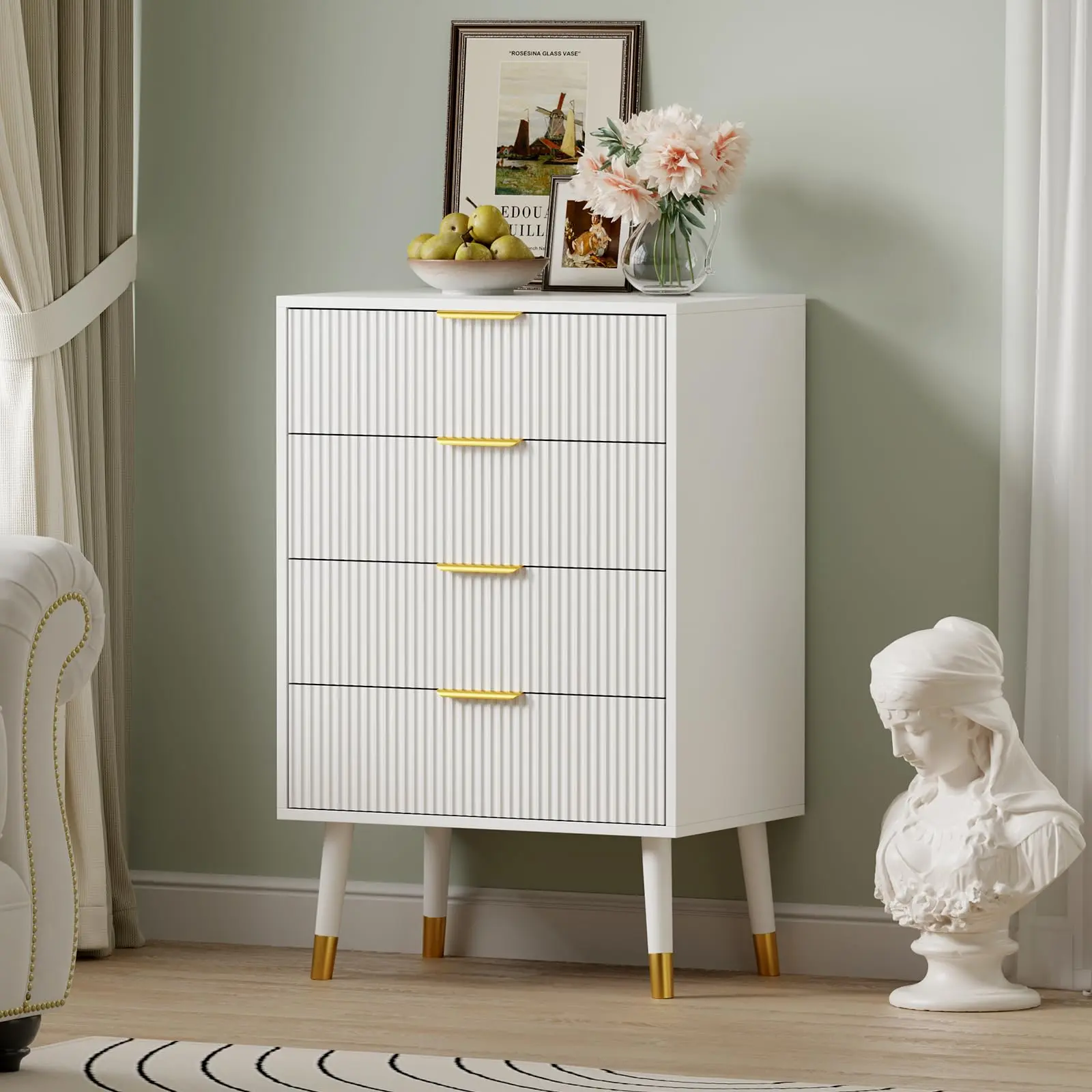 GARVEEFluted 4 Drawer Tall Dresser with Gold Metal Handles, Compact Storage Chest Cabinet Organizer in White and Black for Bedroom, Living Room, Hallway, and Entryway
