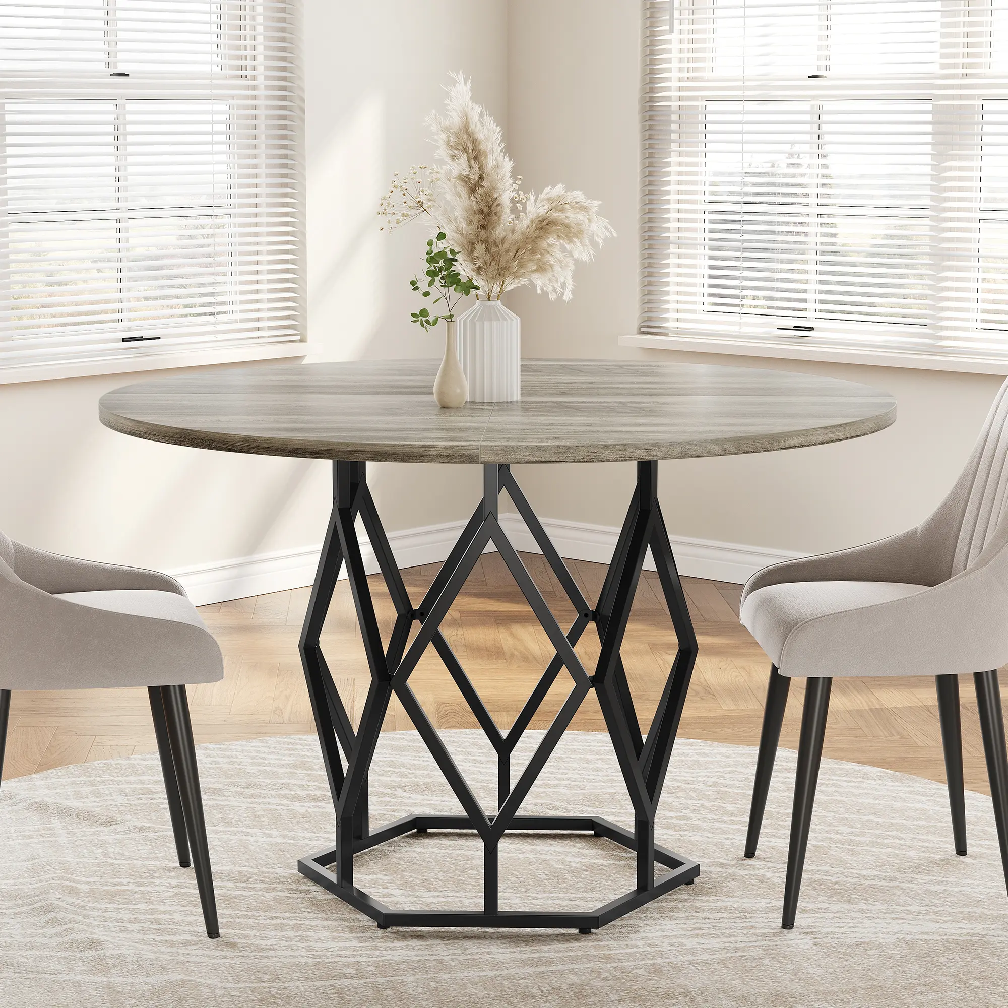 47 Inch Round Farmhouse Dining Table with Diamond Shaped Metal Base, Rustic Wood Top Circle Dinner Table Seats 4-6 People, Multipurpose Kitchen Table for Dining Room, Living Room