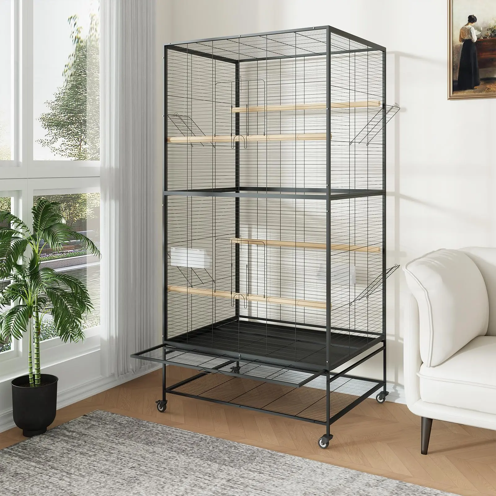 66 Inch Large Tall Bird Cage, Tall Spacious 340sqft Flight Area Parrot Cage with Rolling Storage Stand, 360° Swivel Casters, Platforms & Feeding Bowls, Escape-Proof Metal Aviary for Parakeets, Conures, Cockatiels Indoor Home Use