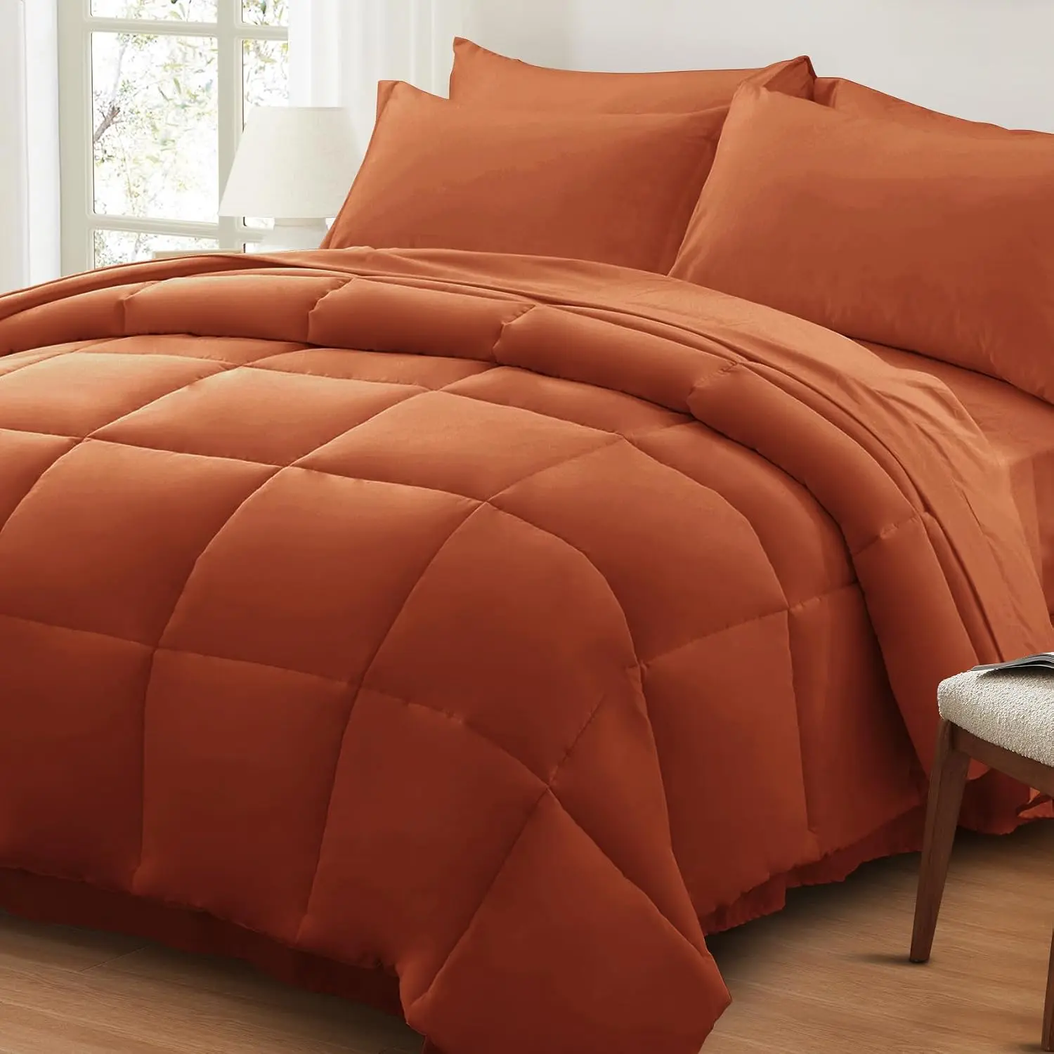 Queen Comforter Set 7 Piece, Burnt Orange Bed in a Bag with Sheets, All Season Terracotta Bedding Comforter Sets with 1 Comforter, 2 Pillow Shams, 2 Pillowcases, 1 Flat Sheet,1 Fitted Sheet
