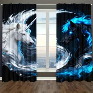 Modern Filter Animal Curtains 2 Piece Set, Ice Fire Print Semi-Transparent, Knit Fabric, Decorative Polyester Curtains