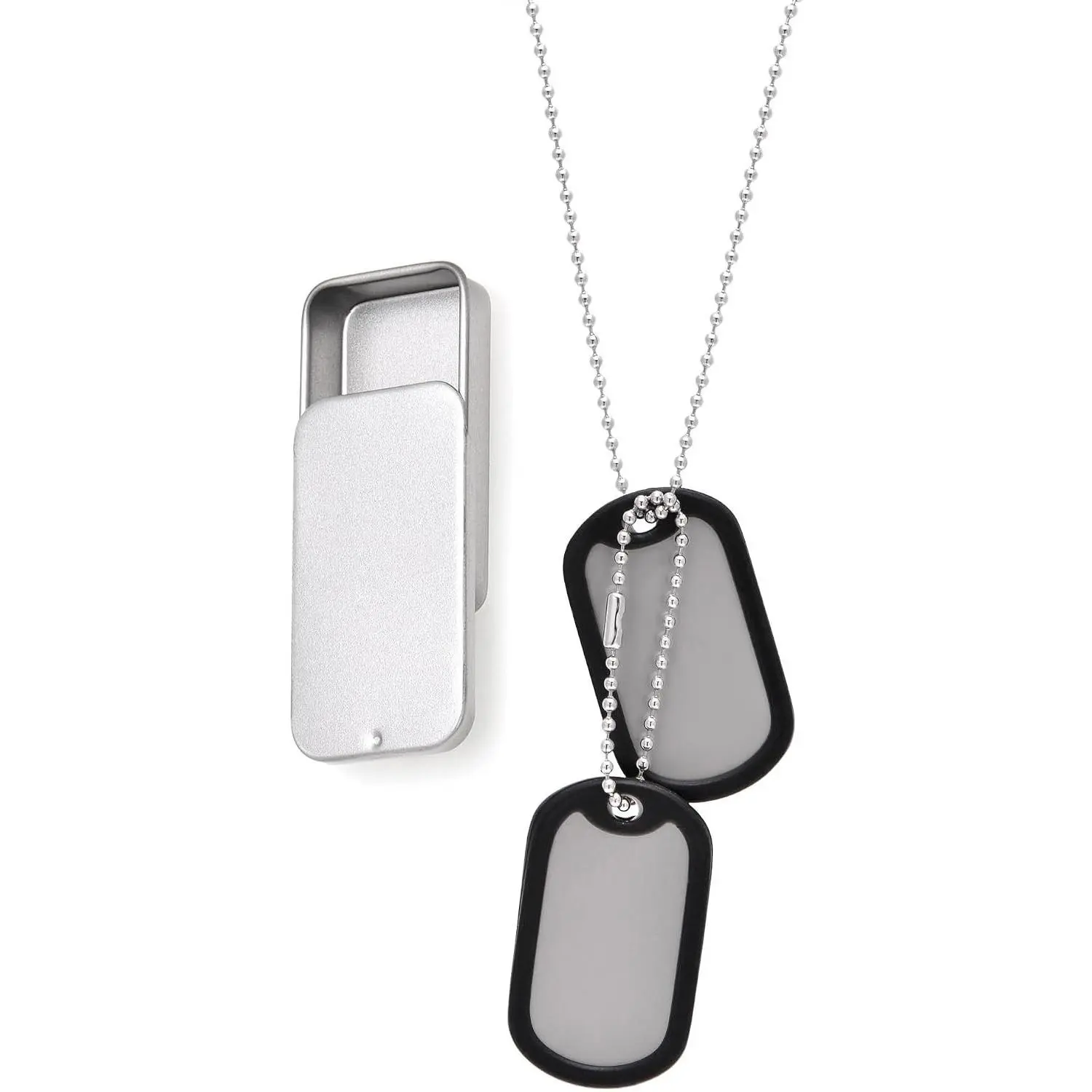 Stainless Steel Military Dog Tags Set with Chains & Black Silencers - Plain, CustomizableGift