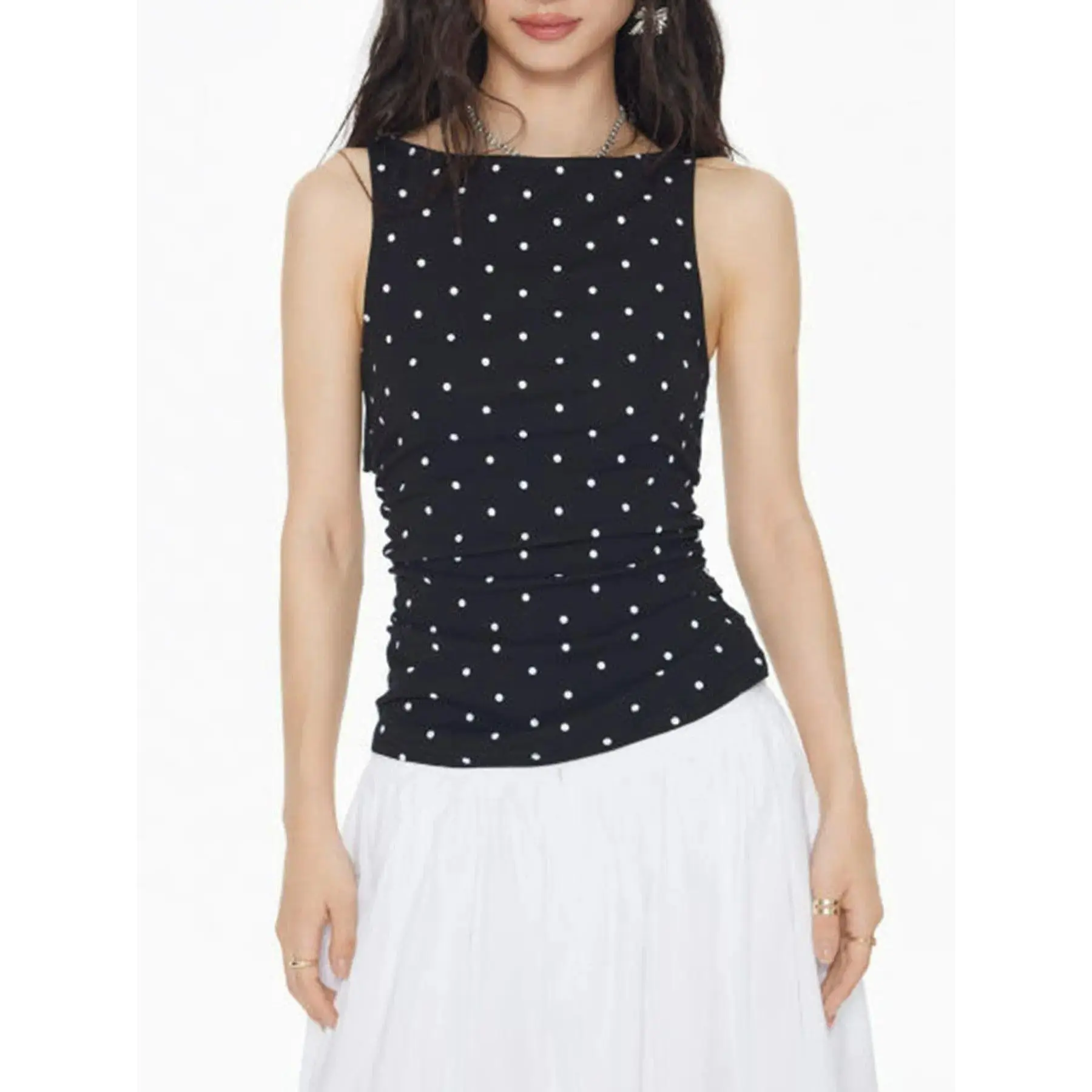 Women's Polka Dot Slim-Fitting Crop Tank Top - Summer Sleeveless, Round Neck, Knot Design, Back Tie, Y2K Style, Elastic Casual Top