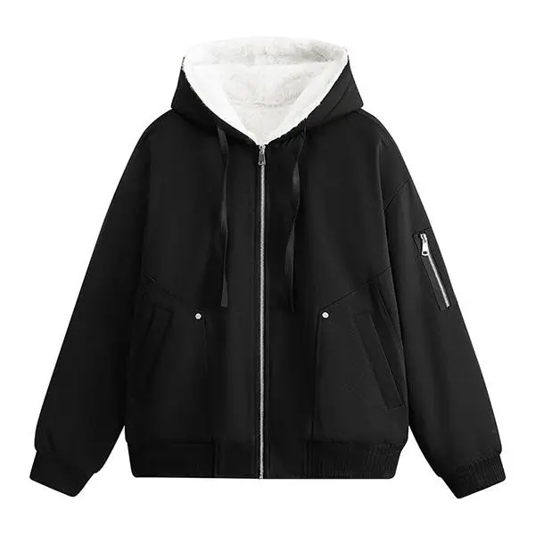 Women's Black Faux Shearling Hooded Lined Jacket - Warm Zip Up Winter Coat With Workwear Pockets