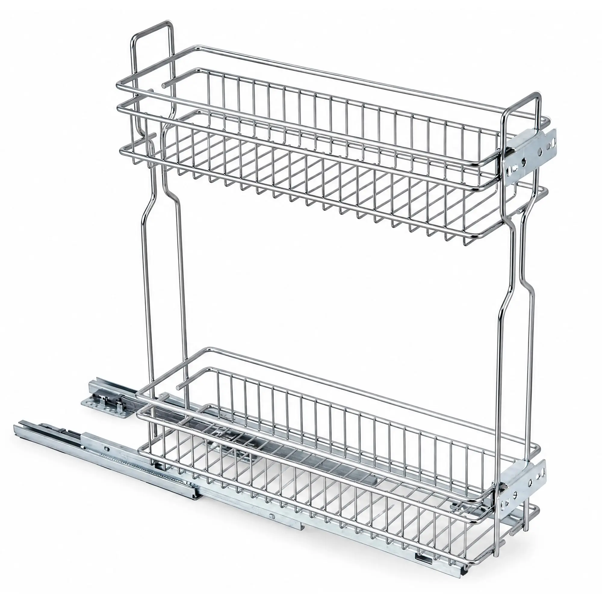 Heavy Duty 2-Tier Pull-Out Cabinet Organizer - Chrome Slide-Out Spice Rack for Frameless Kitchen Cabinets - Full Extension Ball Bearing Glides - Silent Storage for Bottles and Jars