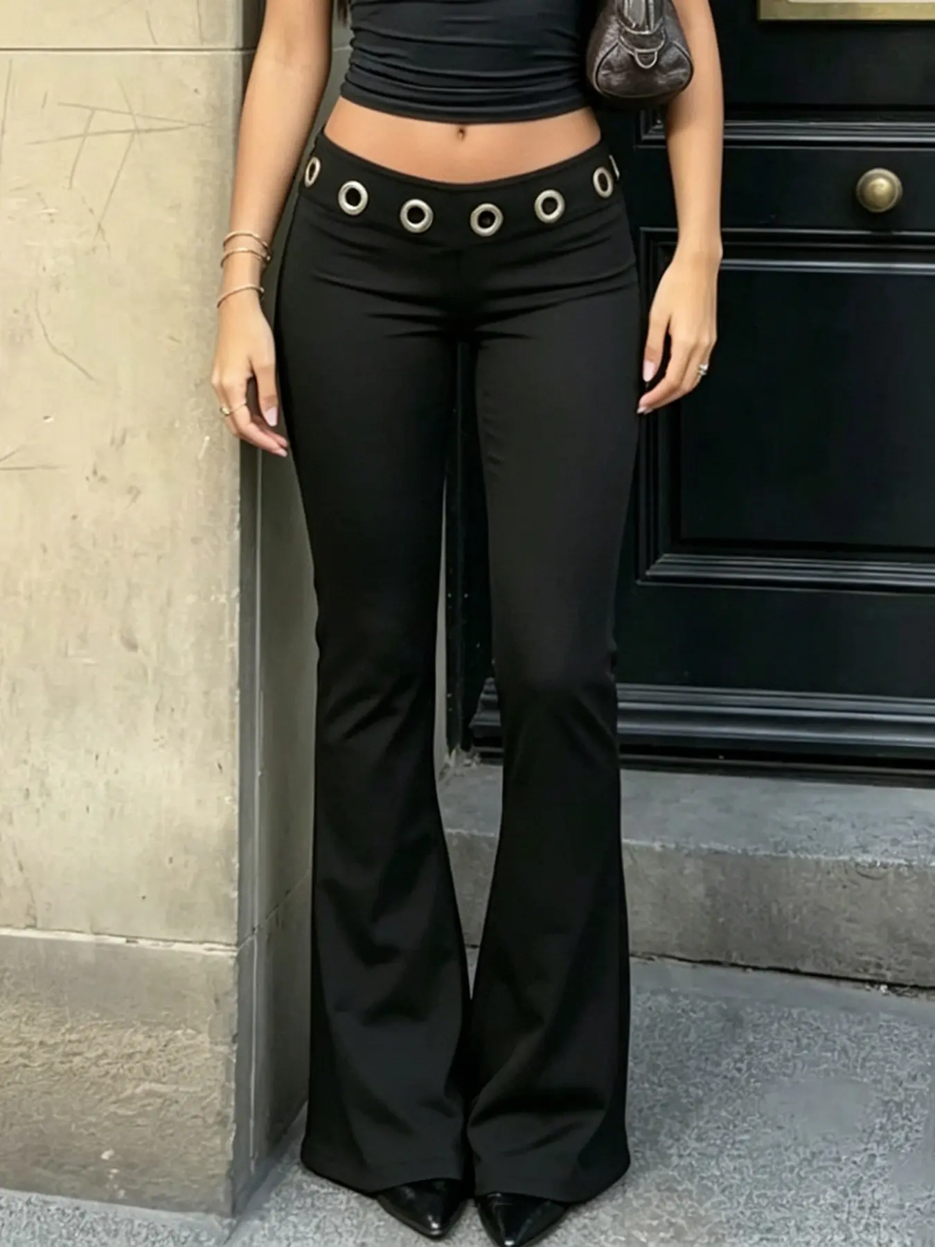 Street Style Casual Women's Low Waist Long Pants, Plain Color Basic Knitted Micro Flare, Drawstring Waist, Ankle Length, All Seasons, Casual Elastic Waisted