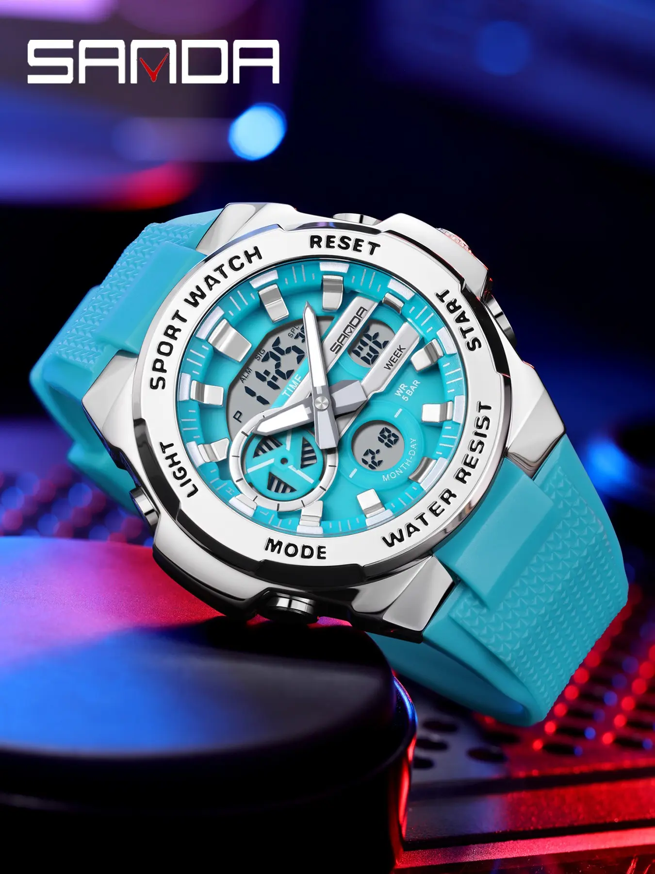 Sanda 3385 Men's Dual Display Sports Watch, 5atm Waterproof Shockproof, Night Glow Multifunctional, Stopwatch Alarm Dual Time Zone, Soft Tpu Strap