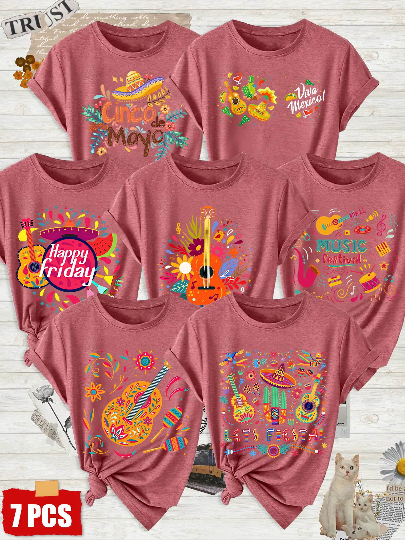 7Pcs Women Crew Neck T-Shirts, Mexican Carnival Printed, Multi-color Available, Spring Summer Tops, Soft Skin-friendly Fabric, Machine Washable, Daily Versatile Fashion Tees, Pattern Designed As Pictures