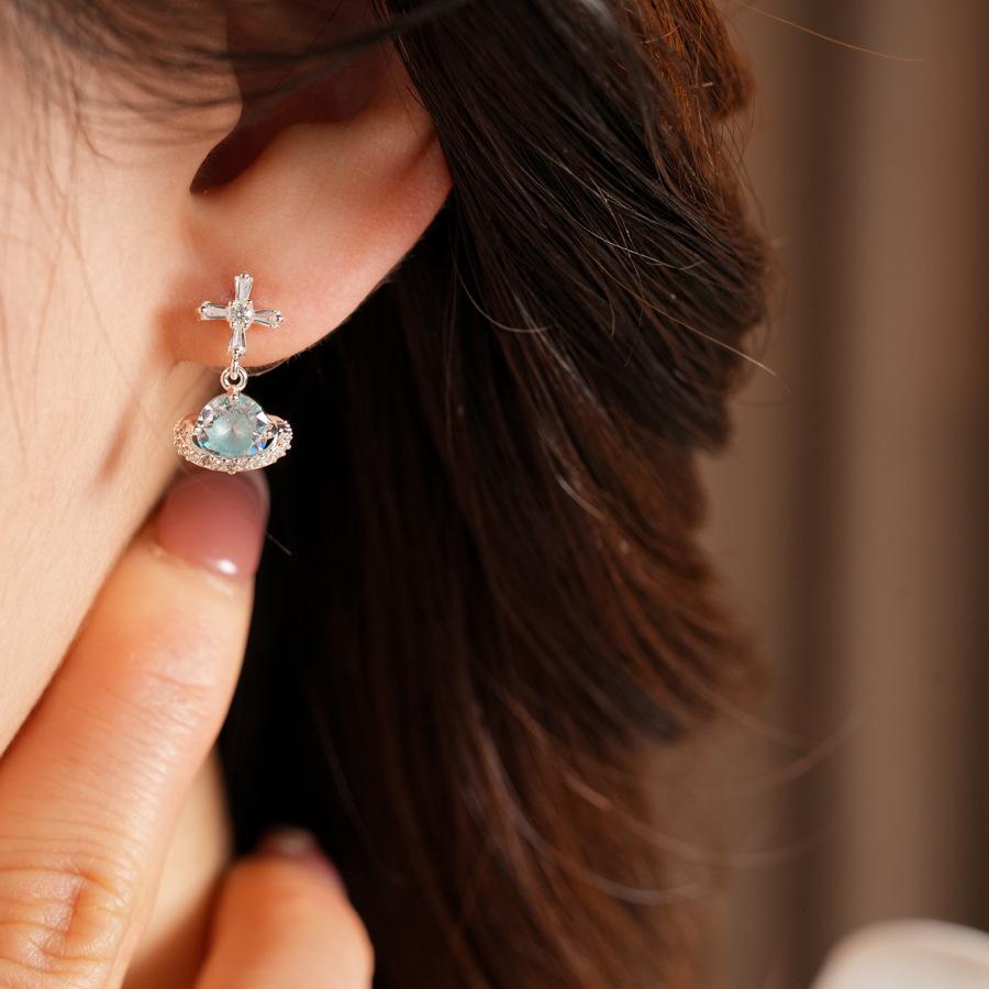 925 Silver Needle Cross Saturn Earrings | Minimalist Cool Style Zircon Planet Earrings Luxury Jewelry