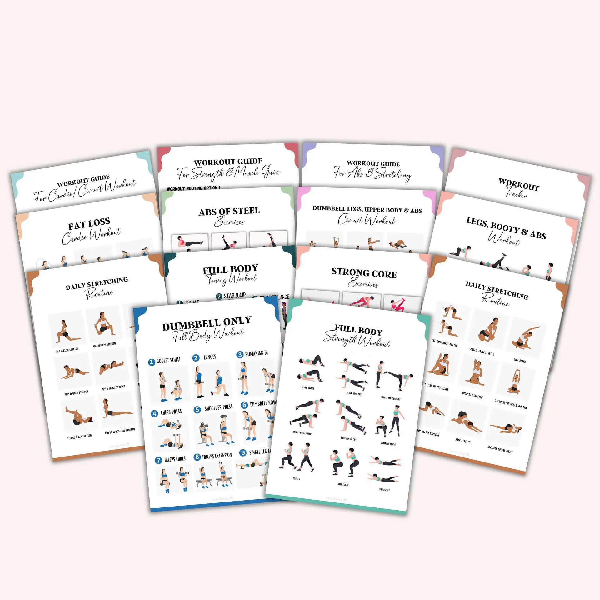 1Pcs Complete Home Workout Guide Posters | Cardio Fat Loss, Dumbbell Full Body, Core, Legs & Booty, Daily Stretch Routine Charts, Beginner Friendly At-Home Fitness Training Cards