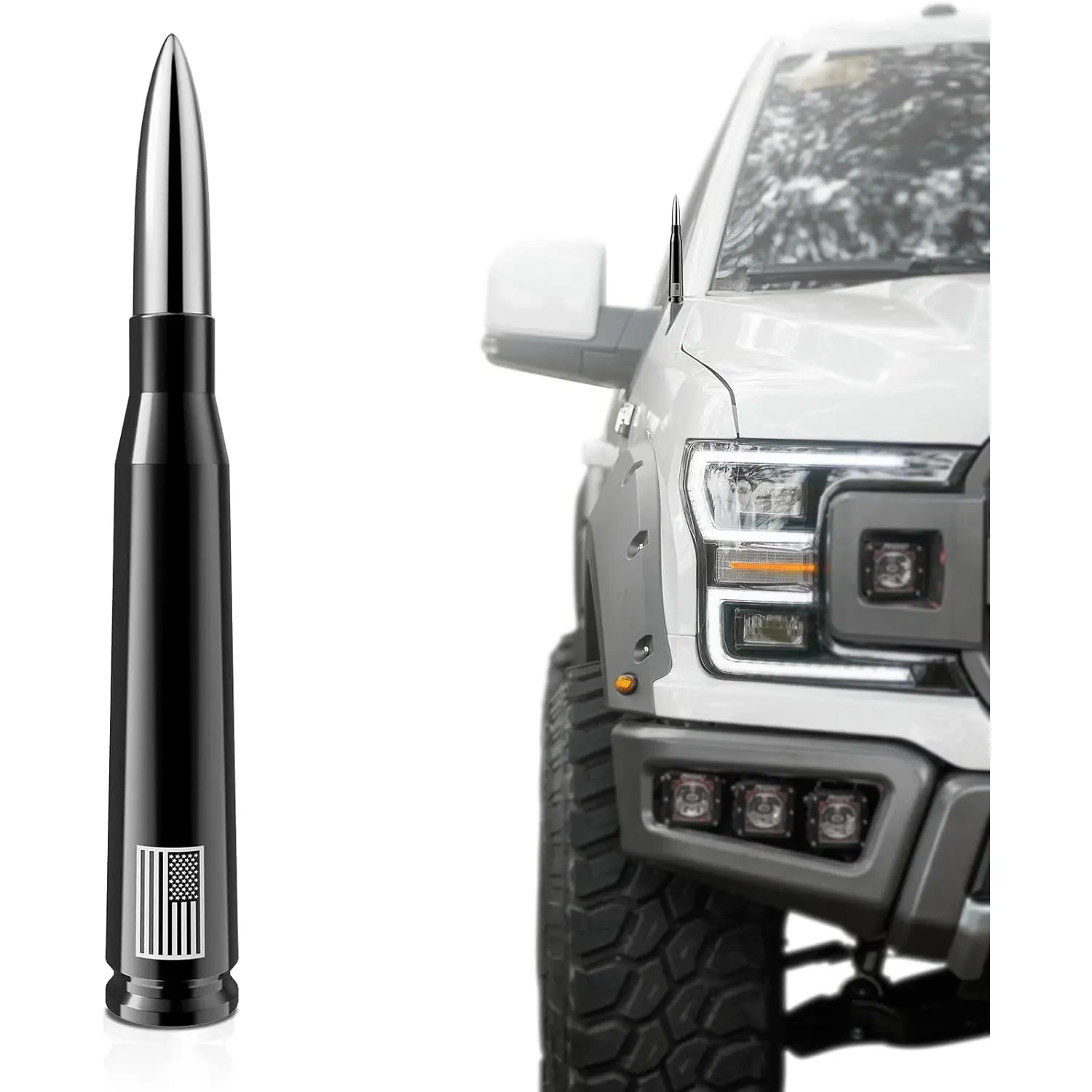 Car Truck 50 Cal Bullet Antenna Replacement for Ford F150 F250 F350 - Anti Theft Design - Carwash Safe, Chevy Silverado Dodge Ram GMC Sierra 1500 2500 3500 Decorate Accessories (Black+Chrome)
