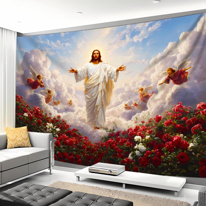1pc Extra Large Sacred Jesus Rose Garden Polyester Peach Skin Velvet Tapestry - HD Animal Print, 95g/sqm Uncorded Horizontal Faith Artwork, Religion Wall Hanging for Living Room Indoor Home Decor, Synthetic