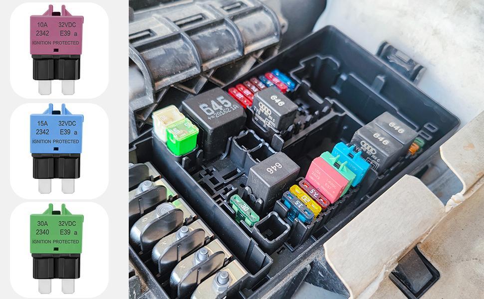 ATM, ATC, ATO Automotive Low-Profile Manual Reset Fuses Suitable For Marine, Truck, RV, SUV, and Motorcycle DC Fuse Kits Automotive Circuit Breaker Fuses Reset Fuses Assortment Kit