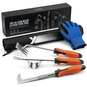 3- Heavy Duty Weed Puller Tool Set with Protective Gloves & 420D Bag - 410 & 420 Stainless Steel Manual Dandelion Root Extractor & Crack Weeder, Gardening Hand Tools