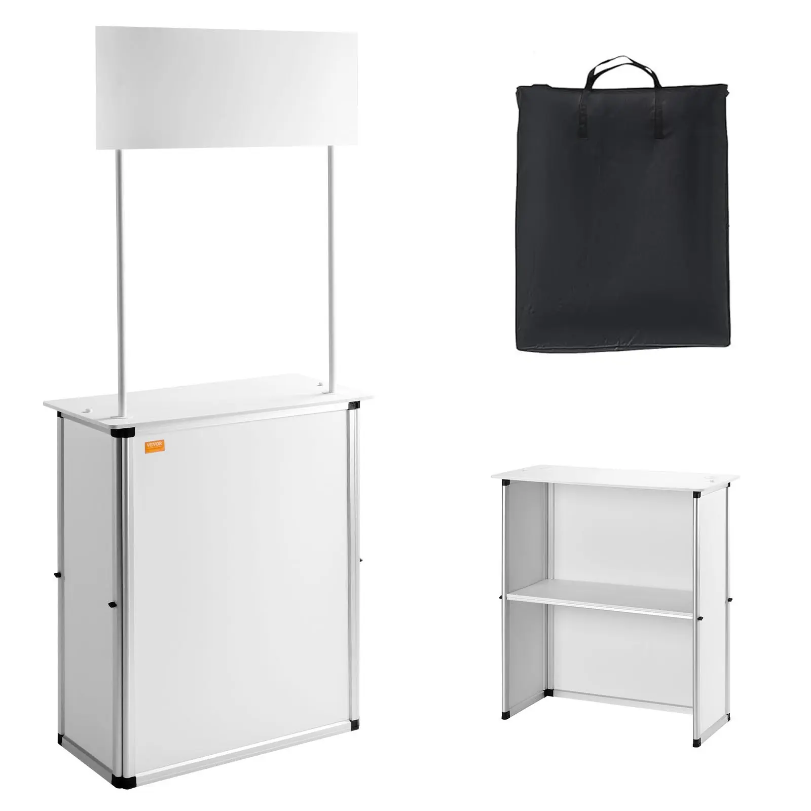 VEVOR Aluminum Alloy Portable Tradeshow Counter Table - 30.91"w Rectangular Sturdy Frame, 14.96"x71.46" Quick Setup Exhibition Stand with Wall, Storage Rack & Carrying Bag