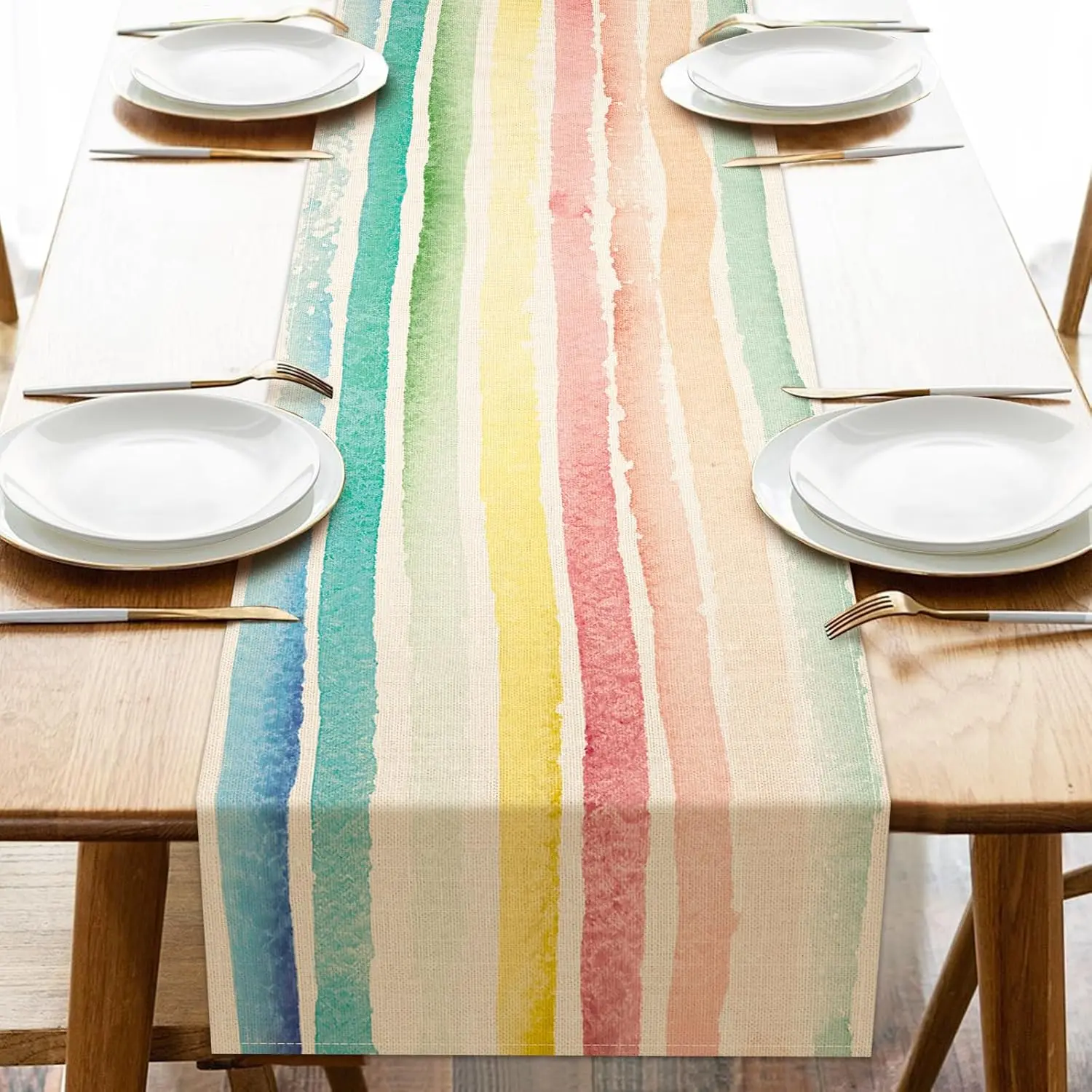 Durable Fade-Resistant High-Definition Colorful Bright Stripes Print Rectangle Dining Table Runner - Watercolor Burlap, 13x72in, Machine Wash, Easter Pet Home Decor, Indoor Outdoor Party Supply