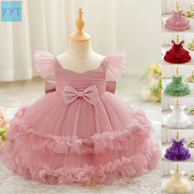 YYT1 CPSIA Labeled Girls Wear Ball Gown Cut Pageant Dress, 6M-3Y Solid Plain Pink Flower Elegant Princess Formal Evening Party Gown, Pageant Dresses