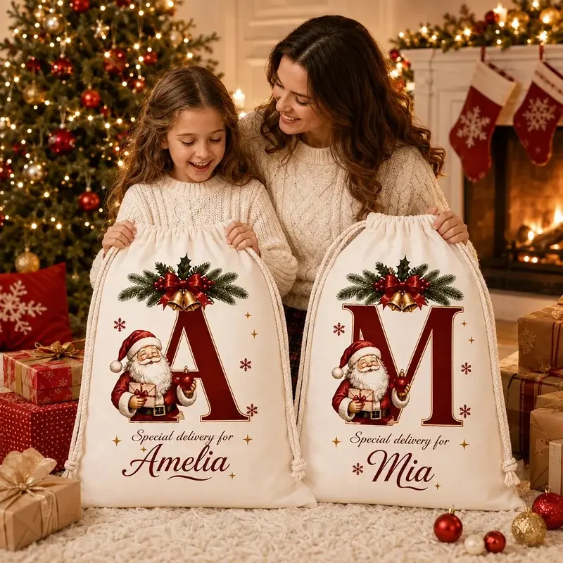 Personalized Christmas Sack with Custom Name, Large Drawstring Santa Gift Bag for Kids, Reusable Xmas Present Storage Bag
