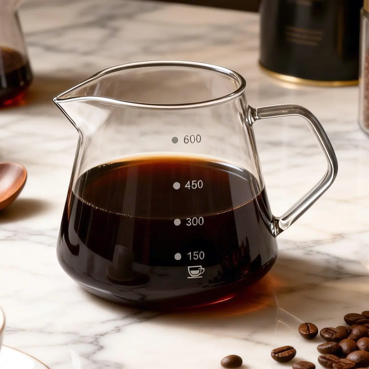 Glass Coffee Server with Handle For Pour Over Coffee & Tea - 300ml/600ml , Microwave Safe, Heatproof Thick Glass Body