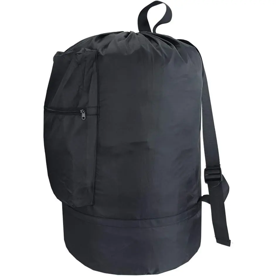 Round Backpack-Shape Washable Laundry Bag with Zipper Pocket, Heavy-Duty Clothes Bag, 2 Strong Adjustable Straps, Drawstring Closure for Travel, College, Black Laundry Tools & Accessories