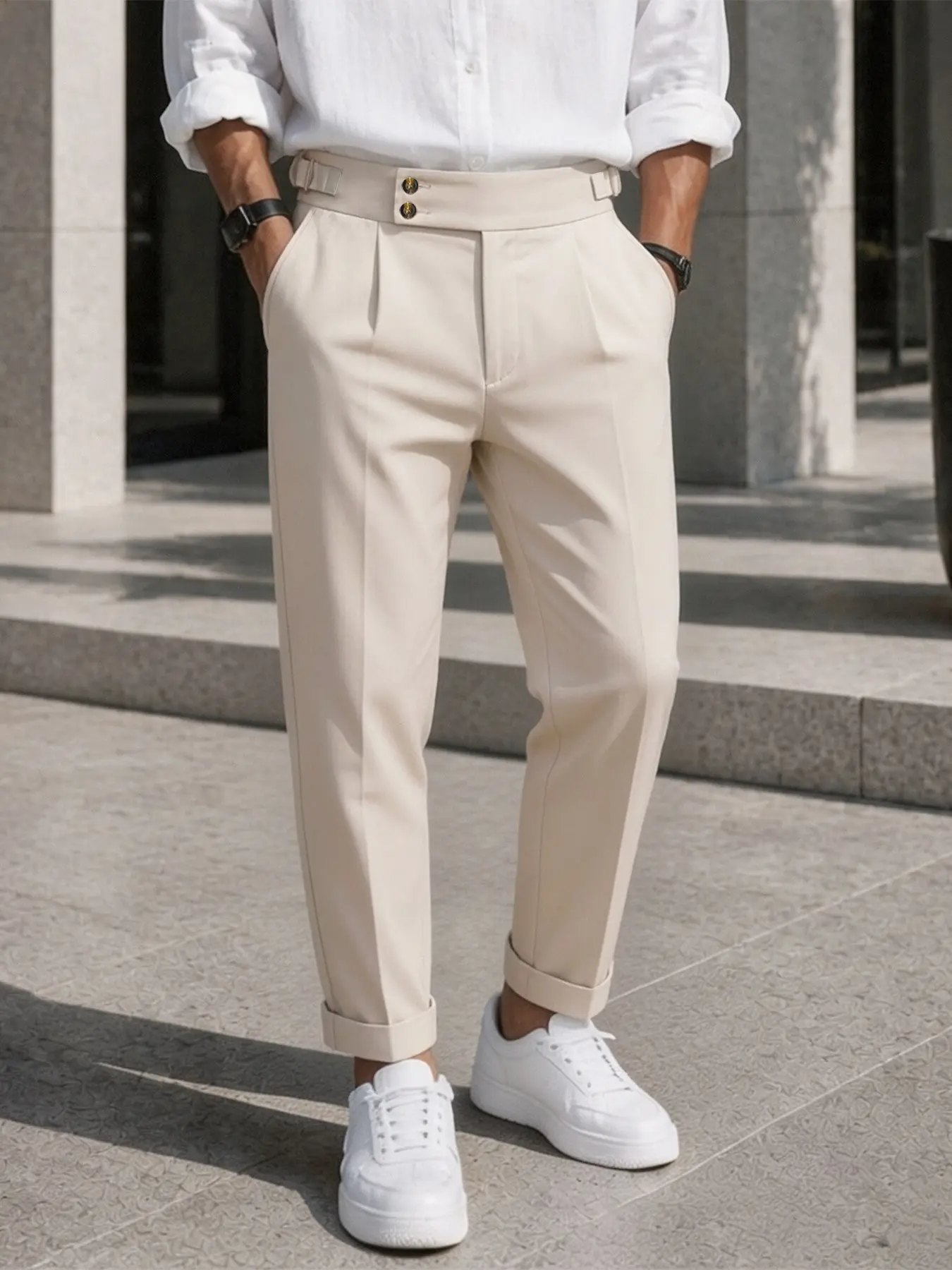 Men's Italian Style Solid Color Pants, High Waist Side Button Pleated Conical Casual Pants, Rolled Hem, Wrinkle-Resistant Fabric, Office Wear